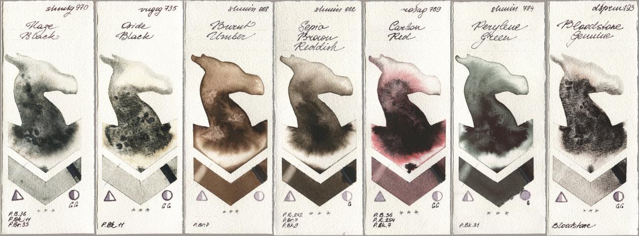 Shminke Horadam Aquarell 970 Haze Black, Royal Talens Van Gogh Watercolour 735 Oxide Black, 668 Burnt Umber, 662 Sepia Brown Reddish, Rosa Gallery 769 Carbon Red, 784 Perylene Green, Daniel Smith 193 Bloodstone Genui watercolor swatch