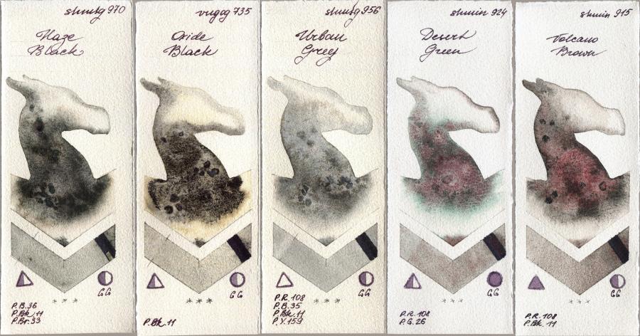 Shminke Horadam Aquarell 970 Haze Black vs Royal Talens Van Gogh Watercolour 735 Oxide Black vs 956 Urban Grey vs 924 Desert Green vs 915 Volcano Brown watercolor swatch