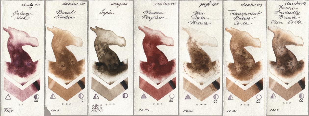 Shminke Horadam Aquarell 971 Galaxy Pink, Daniel Smith 011 Burnt Umber, Rosa Gallery 720 Sepia, M. Graham & Co. Artists 113 Maroon Perylene, Golden QOR 495 Van Dyke Brown, 129 Transparent Brown Oxide, 178 Enviro-Friendly Brown Iron Oxi watercolor swatch