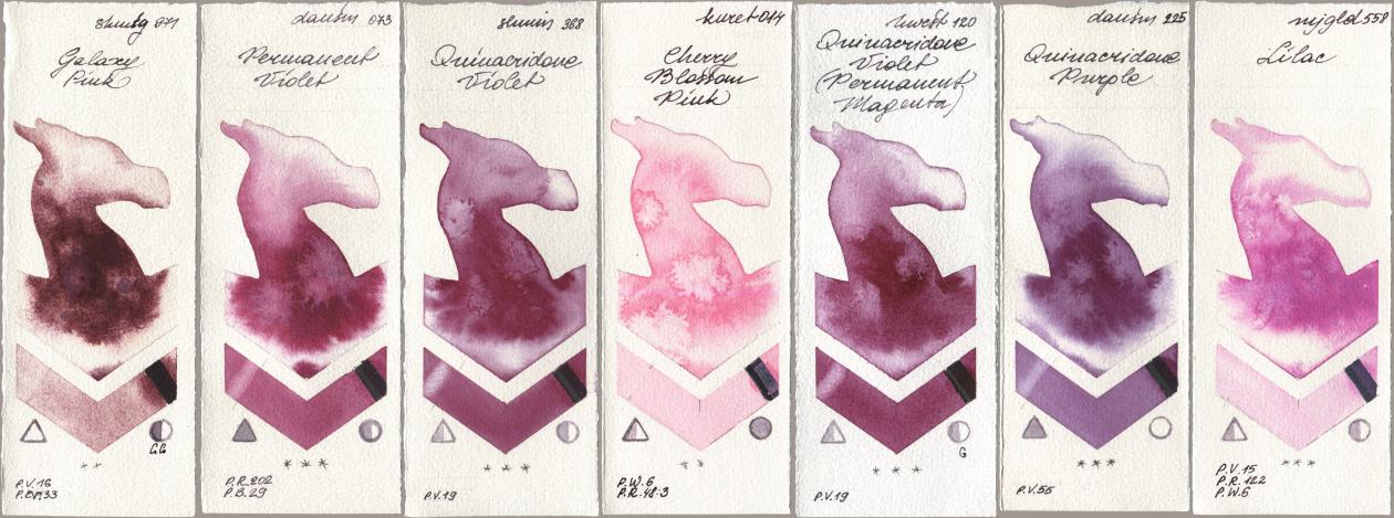 Shminke Horadam Aquarell 971 Galaxy Pink, Daniel Smith 073 Permanent Violet, 368 Quinacridone Violet, Kuretake Gansai Tambi 014 Cherry Blossom Pink, Holbein Artists Watercolor 120 Quinacridone Violet (Permanent Magenta), 225 Quinacridone Purple, Mijello Mission Gold 558 Lil watercolor swatch