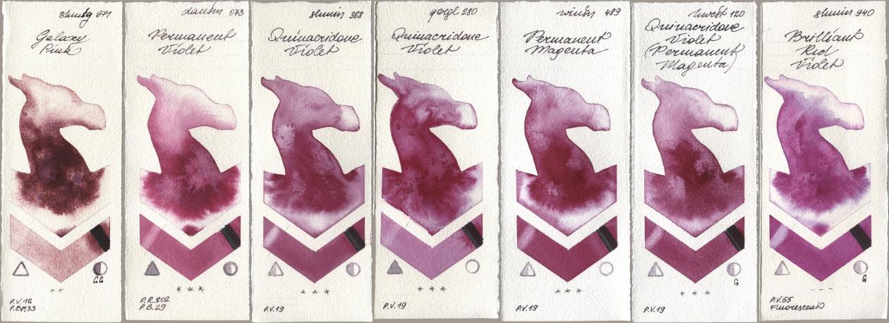 Shminke Horadam Aquarell 971 Galaxy Pink, Daniel Smith 073 Permanent Violet, 368 Quinacridone Violet, Golden QOR 280 Quinacridone Violet, Winsor & Newton Professional 489 Permanent Magenta, Holbein Artists Watercolor 120 Quinacridone Violet (Permanent Magenta), 940 Brilliant Red Viol watercolor swatch