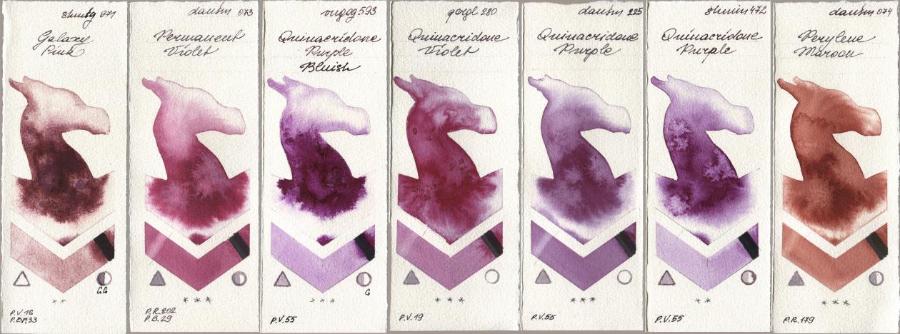 Shminke Horadam Aquarell 971 Galaxy Pink, Daniel Smith 073 Permanent Violet, Royal Talens Van Gogh Watercolour 593 Quinacridone Purple Bluish, Golden QOR 280 Quinacridone Violet, 225 Quinacridone Purple, 472 Quinacridone Purple, 074 Perylene Maro watercolor swatch