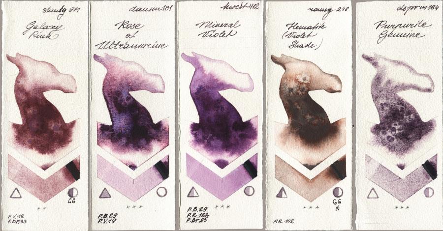 Shminke Horadam Aquarell 971 Galaxy Pink vs Daniel Smith 101 Rose of Ultramarine vs Holbein Artists Watercolor 112 Mineral Violet vs Roman Szmal Aquarius 248 Hematite (Violet Shade) vs 164 Purpurite Genuine watercolor swatch
