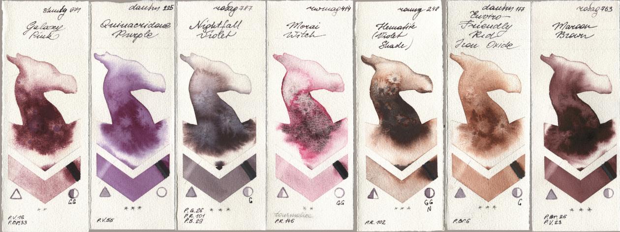 Shminke Horadam Aquarell 971 Galaxy Pink, Daniel Smith 225 Quinacridone Purple, Rosa Gallery 787 Nightfall Violet, Rockwell 414 Morai Witch, Roman Szmal Aquarius 248 Hematite (Violet Shade), 177 Enviro-Friendly Red Iron Oxide, 763 Maroon Bro watercolor swatch