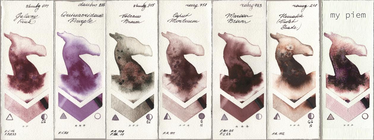 Shminke Horadam Aquarell 971 Galaxy Pink, Daniel Smith 225 Quinacridone Purple, 915 Volcano Brown, Rosa Gallery 758 Caput Mortuum, 763 Maroon Brown, Roman Szmal Aquarius 248 Hematite (Violet Shade), my 191 pi watercolor swatch