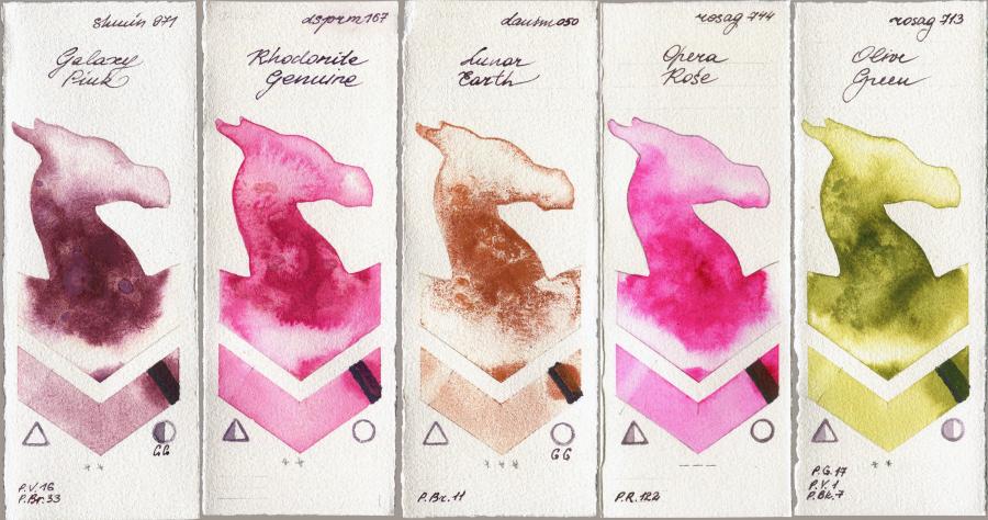 Shminke Horadam Aquarell 971 Galaxy Pink vs Daniel Smith 167 Rhodonite Genuine vs 050 Lunar Earth vs Rosa Gallery 744 Opera Rose vs 713 Olive Green watercolor swatch