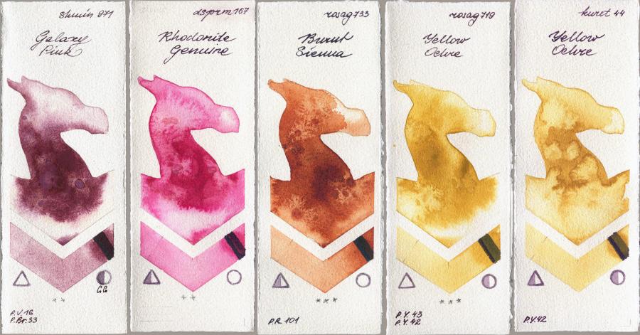 Shminke Horadam Aquarell 971 Galaxy Pink vs Daniel Smith 167 Rhodonite Genuine vs Rosa Gallery 733 Burnt Sienna vs 719 Yellow Ochre vs Kuretake Gansai Tambi 44 Yellow Ochre watercolor swatch
