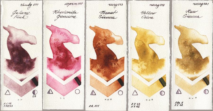 Shminke Horadam Aquarell 971 Galaxy Pink vs Daniel Smith 167 Rhodonite Genuine vs Rosa Gallery 733 Burnt Sienna vs 719 Yellow Ochre vs 721 Raw Sienna watercolor swatch