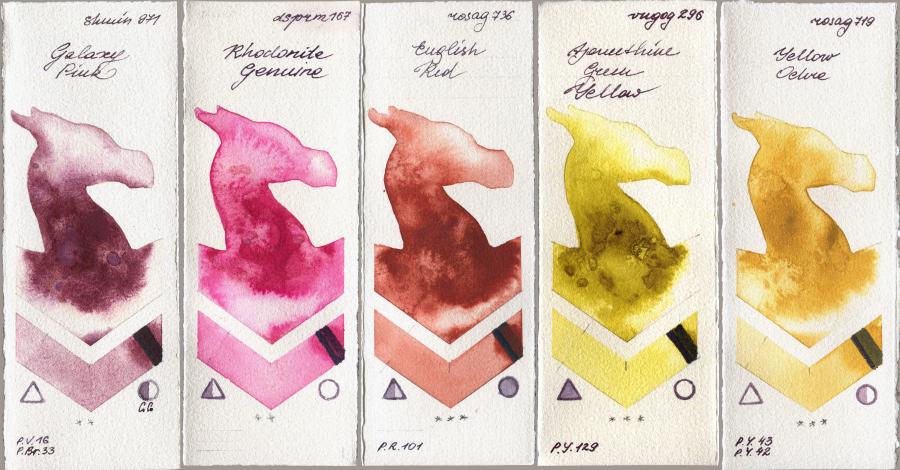 Shminke Horadam Aquarell 971 Galaxy Pink vs Daniel Smith 167 Rhodonite Genuine vs Rosa Gallery 736 English Red vs Royal Talens Van Gogh Watercolour 296 Azomethine Green Yellow vs 719 Yellow Ochre watercolor swatch