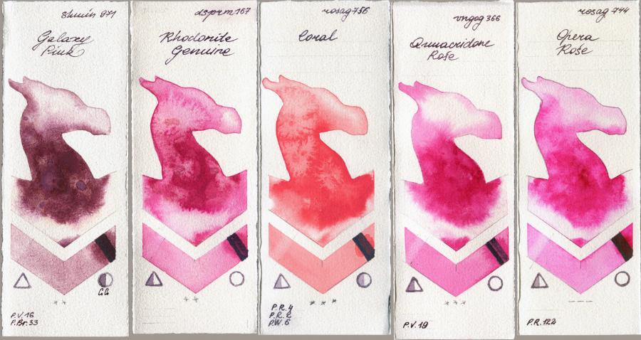 Shminke Horadam Aquarell 971 Galaxy Pink vs Daniel Smith 167 Rhodonite Genuine vs Rosa Gallery 756 Coral vs Royal Talens Van Gogh Watercolour 366 Quinacridone Rose vs 744 Opera Rose watercolor swatch