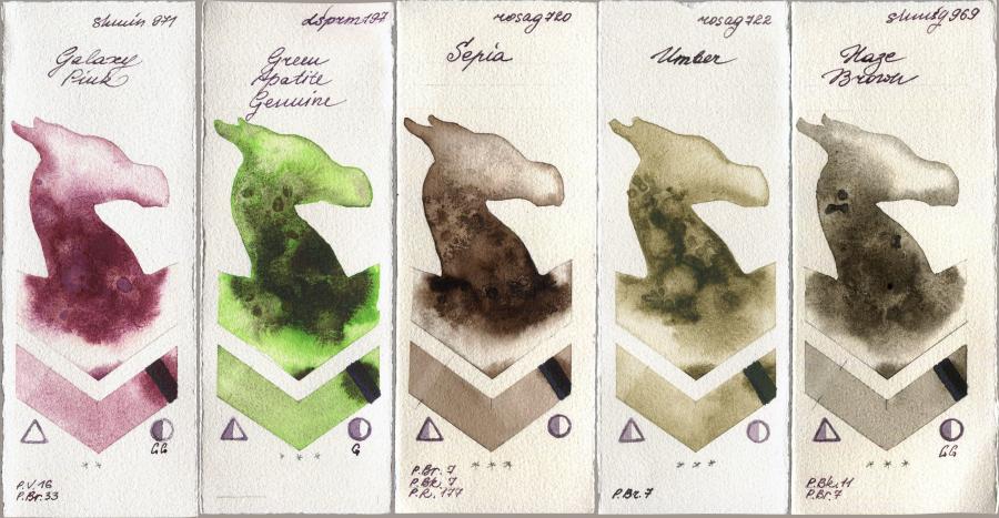 Shminke Horadam Aquarell 971 Galaxy Pink vs Daniel Smith 197 Green Apatite Genuine vs Rosa Gallery 720 Sepia vs 722 Umber vs 969 Haze Brown watercolor swatch