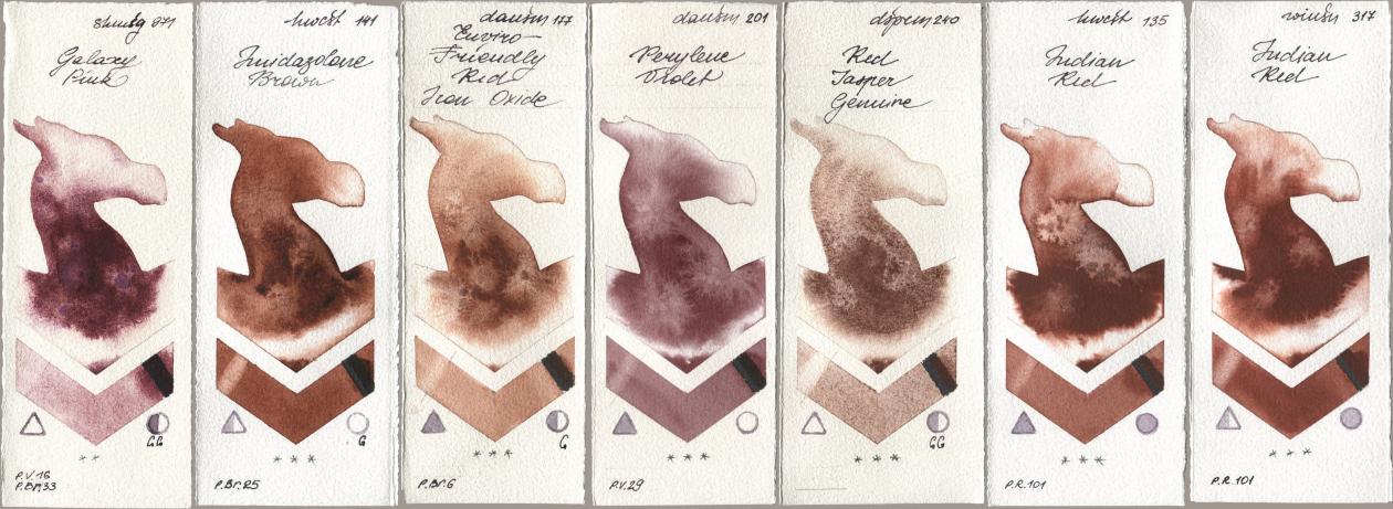 Shminke Horadam Aquarell 971 Galaxy Pink, Holbein Artists Watercolor 141 Imidazolone Brown, Daniel Smith 177 Enviro-Friendly Red Iron Oxide, 201 Perylene Violet, 240 Red Jasper Genuine, 135 Indian Red, Winsor & Newton Professional 317 Indian R watercolor swatch