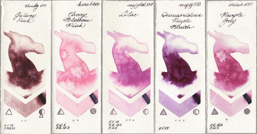 Shminke Horadam Aquarell 971 Galaxy Pink vs Kuretake Gansai Tambi 014 Cherry Blossom Pink vs Mijello Mission Gold 558 Lilac vs Royal Talens Van Gogh Watercolour 593 Quinacridone Purple Bluish vs Shinhan PWC 650 Purple Grey watercolor swatch