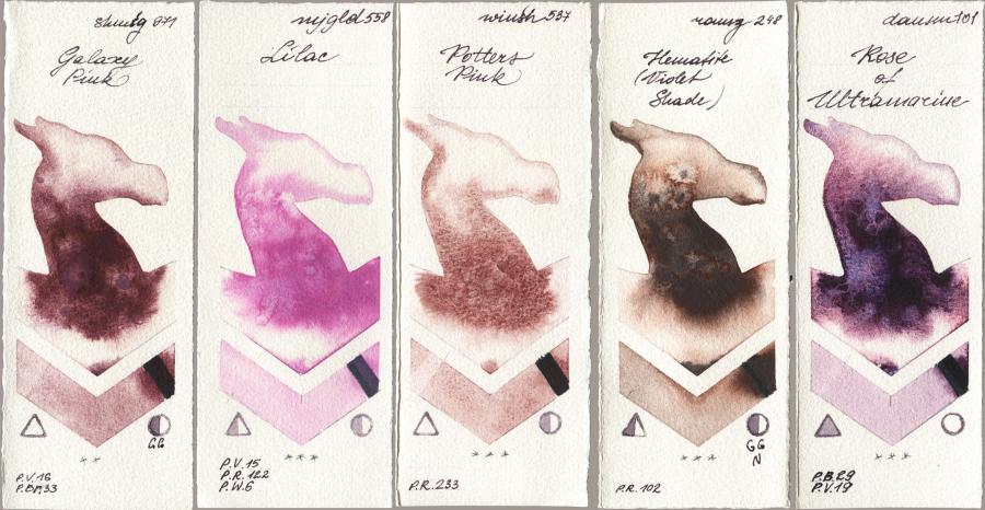 Shminke Horadam Aquarell 971 Galaxy Pink vs Mijello Mission Gold 558 Lilac vs Winsor & Newton Professional 537 Potters Pink vs Roman Szmal Aquarius 248 Hematite (Violet Shade) vs Daniel Smith 101 Rose of Ultramarine watercolor swatch