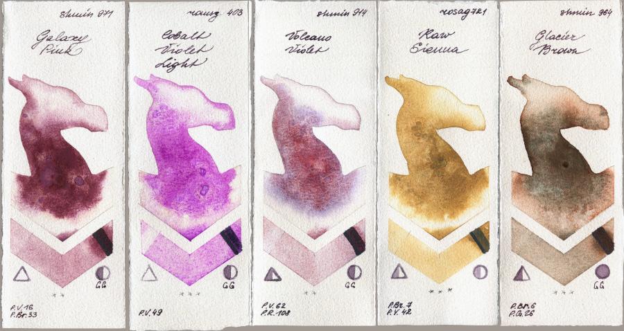 Shminke Horadam Aquarell 971 Galaxy Pink vs Roman Szmal Aquarius 403 Cobalt Violet Light vs 914 Volcano Violet vs Rosa Gallery 721 Raw Sienna vs 964 Glacier Brown watercolor swatch