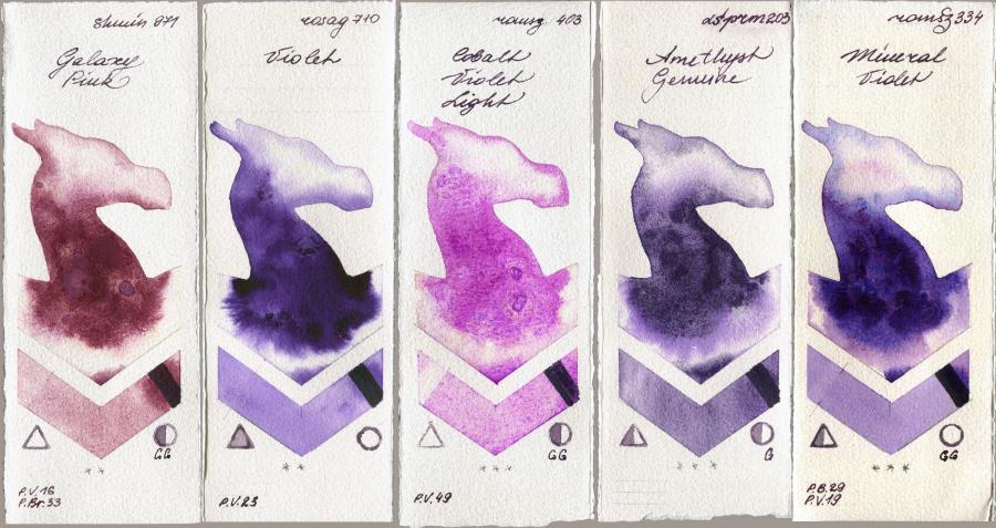 Shminke Horadam Aquarell 971 Galaxy Pink vs Rosa Gallery 710 Violet vs Roman Szmal Aquarius 403 Cobalt Violet Light vs Daniel Smith 203 Amethyst Genuine vs 334 Mineral Violet watercolor swatch
