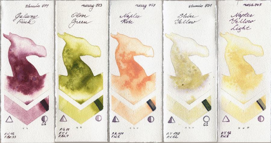 Shminke Horadam Aquarell 971 Galaxy Pink vs Rosa Gallery 713 Olive Green vs 748 Naples Rose vs 931 Shire Yellow vs 745 Naples Yellow Light watercolor swatch