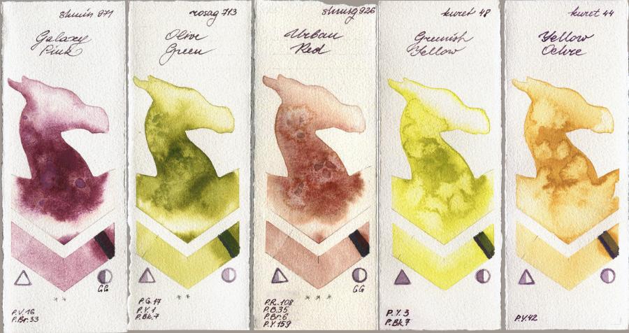 Shminke Horadam Aquarell 971 Galaxy Pink vs Rosa Gallery 713 Olive Green vs 926 Urban Red vs Kuretake Gansai Tambi 48 Greenish Yellow vs 44 Yellow Ochre watercolor swatch
