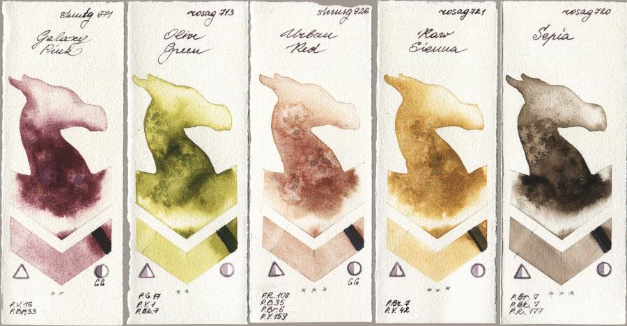 Shminke Horadam Aquarell 971 Galaxy Pink vs Rosa Gallery 713 Olive Green vs 926 Urban Red vs 721 Raw Sienna vs 720 Sepia watercolor swatch
