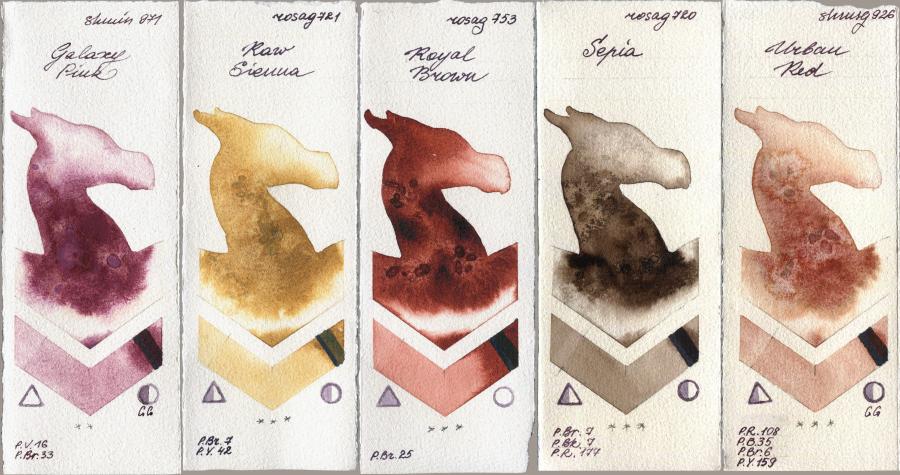 Shminke Horadam Aquarell 971 Galaxy Pink vs Rosa Gallery 721 Raw Sienna vs 753 Royal Brown vs 720 Sepia vs 926 Urban Red watercolor swatch