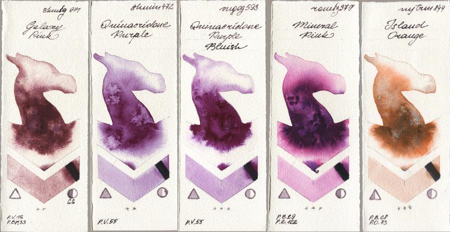 Shminke Horadam Aquarell 971 Galaxy Pink vs 472 Quinacridone Purple vs Royal Talens Van Gogh Watercolour 593 Quinacridone Purple Bluish vs Roman Szmal Aquarius 379 Mineral Pink vs Mijello Mission Gold 844 Island Orange watercolor swatch