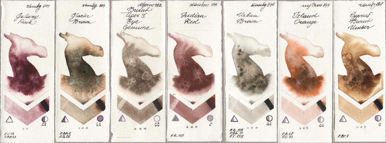 Shminke Horadam Aquarell 971 Galaxy Pink, 964 Glacier Brown, Daniel Smith 162 Burnt Tigers Eye Genuine, 044 Indian Red, 946 Urban Brown, Mijello Mission Gold 844 Island Orange, Roman Szmal Aquarius 128 Cyprus Burnt Umb watercolor swatch