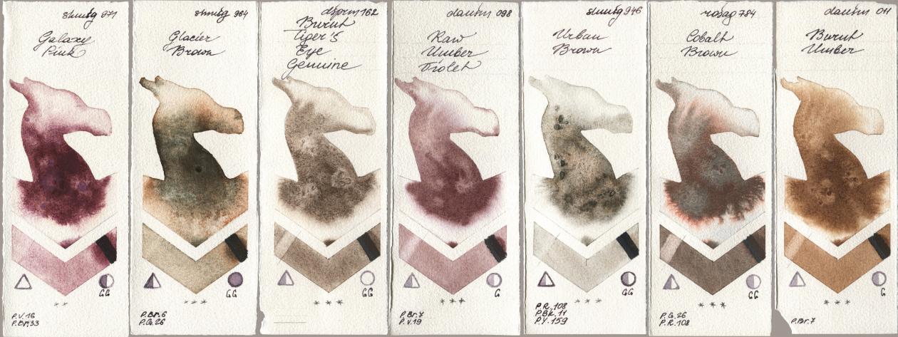 Shminke Horadam Aquarell 971 Galaxy Pink, 964 Glacier Brown, Daniel Smith 162 Burnt Tigers Eye Genuine, 098 Raw Umber Violet, 946 Urban Brown, Rosa Gallery 784 Cobalt Brown, 011 Burnt Umb watercolor swatch