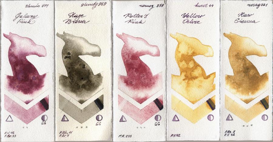 Shminke Horadam Aquarell 971 Galaxy Pink vs 969 Haze Brown vs Roman Szmal Aquarius 359 Potters Pink vs Kuretake Gansai Tambi 44 Yellow Ochre vs Rosa Gallery 721 Raw Sienna watercolor swatch