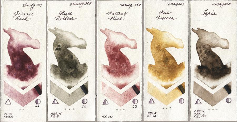 Shminke Horadam Aquarell 971 Galaxy Pink vs 969 Haze Brown vs Roman Szmal Aquarius 359 Potters Pink vs Rosa Gallery 721 Raw Sienna vs 720 Sepia watercolor swatch