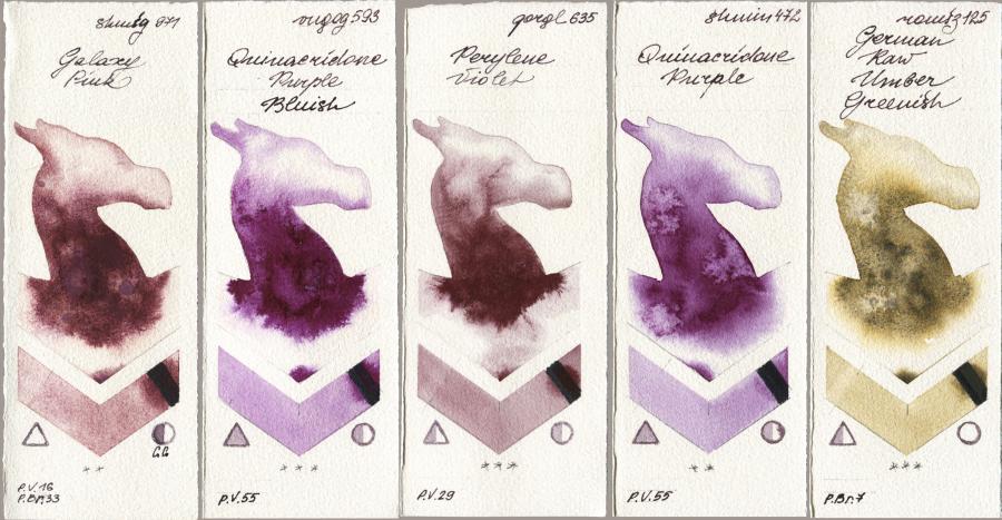 Shminke Horadam Aquarell 971 Galaxy Pink vs Royal Talens Van Gogh Watercolour 593 Quinacridone Purple Bluish vs Golden QOR 635 Perylene Violet vs 472 Quinacridone Purple vs Roman Szmal Aquarius 125 German Raw Umber Greenish watercolor swatch