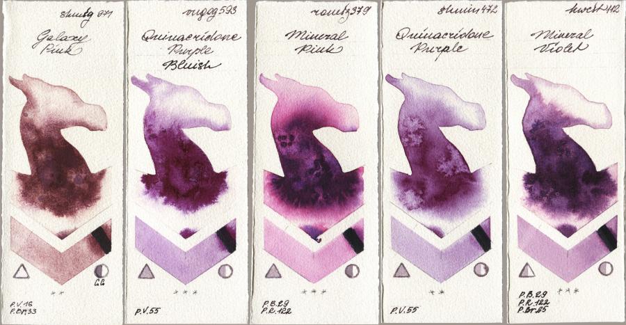 Shminke Horadam Aquarell 971 Galaxy Pink vs Royal Talens Van Gogh Watercolour 593 Quinacridone Purple Bluish vs Roman Szmal Aquarius 379 Mineral Pink vs 472 Quinacridone Purple vs Holbein Artists Watercolor 112 Mineral Violet watercolor swatch