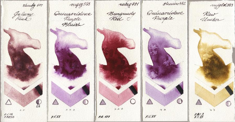 Shminke Horadam Aquarell 971 Galaxy Pink vs Royal Talens Van Gogh Watercolour 593 Quinacridone Purple Bluish vs Rosa Gallery 781 Burgundy Red vs 472 Quinacridone Purple vs Mijello Mission Gold 563 Raw Umber watercolor swatch