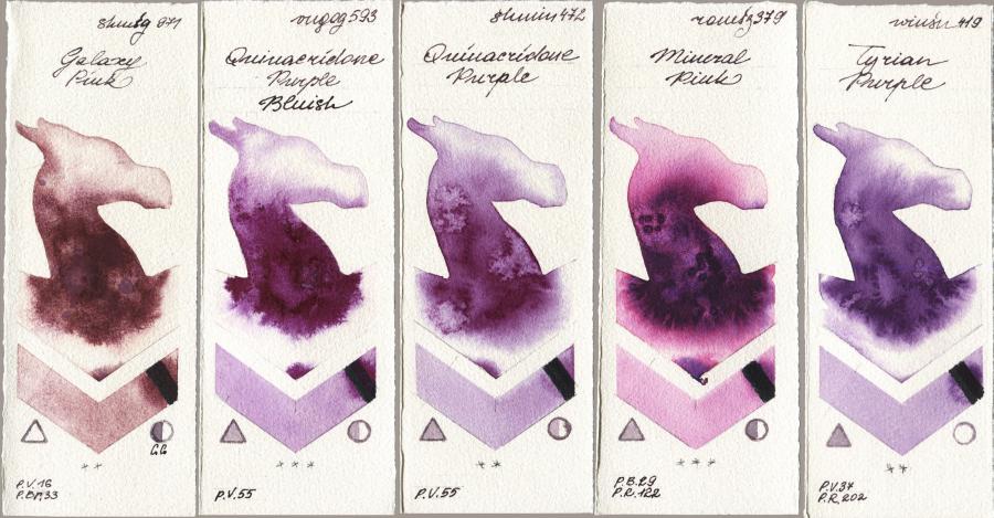Shminke Horadam Aquarell 971 Galaxy Pink vs Royal Talens Van Gogh Watercolour 593 Quinacridone Purple Bluish vs 472 Quinacridone Purple vs Roman Szmal Aquarius 379 Mineral Pink vs Winsor & Newton Professional 419 Tyrian Purple watercolor swatch