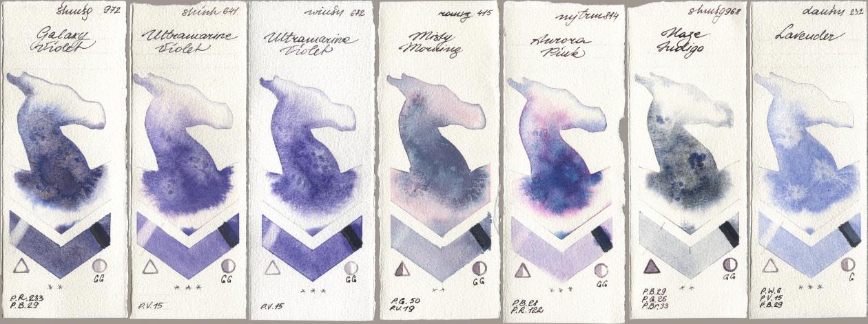 Shminke Horadam Aquarell 972 Galaxy Violet, Shinhan PWC 641 Ultramarine Violet, Winsor & Newton Professional 672 Ultramarine Violet, Roman Szmal Aquarius 415 Misty Morning, Mijello Mission Gold 814 Aurora Pink, 968 Haze Indigo, Daniel Smith 232 Lavend watercolor swatch