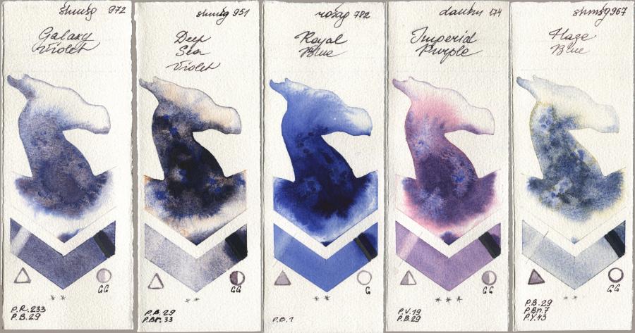 Shminke Horadam Aquarell 972 Galaxy Violet, 951 Deep Sea Violet, Rosa Gallery 782 Royal Blue, Daniel Smith 174 Imperial Purple, 967 Haze Bl watercolor swatch