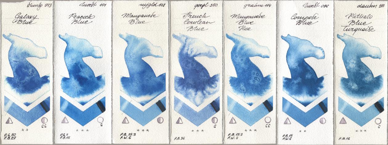 Shminke Horadam Aquarell 973 Galaxy Blue, Holbein Artists Watercolor 101 Peacock Blue, Mijello Mission Gold 548 Manganese Blue, Golden QOR 350 French Cerulean Blue, M. Graham & Co. Artists 114 Manganese Blue Hue, 096 Compose Blue, Daniel Smith 247 Phthalo Blue Turquoi watercolor swatch