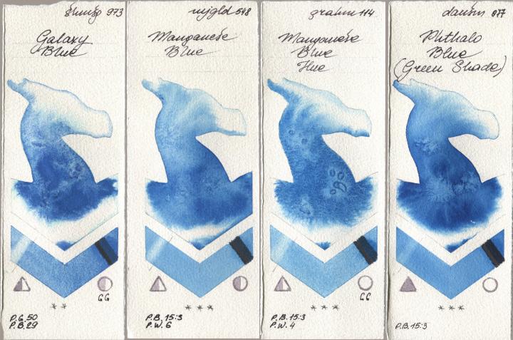 Shminke Horadam Aquarell 973 Galaxy Blue, Mijello Mission Gold 548 Manganese Blue, M. Graham & Co. Artists 114 Manganese Blue Hue, Daniel Smith 077 Phthalo Blue (Green Shad watercolor swatch