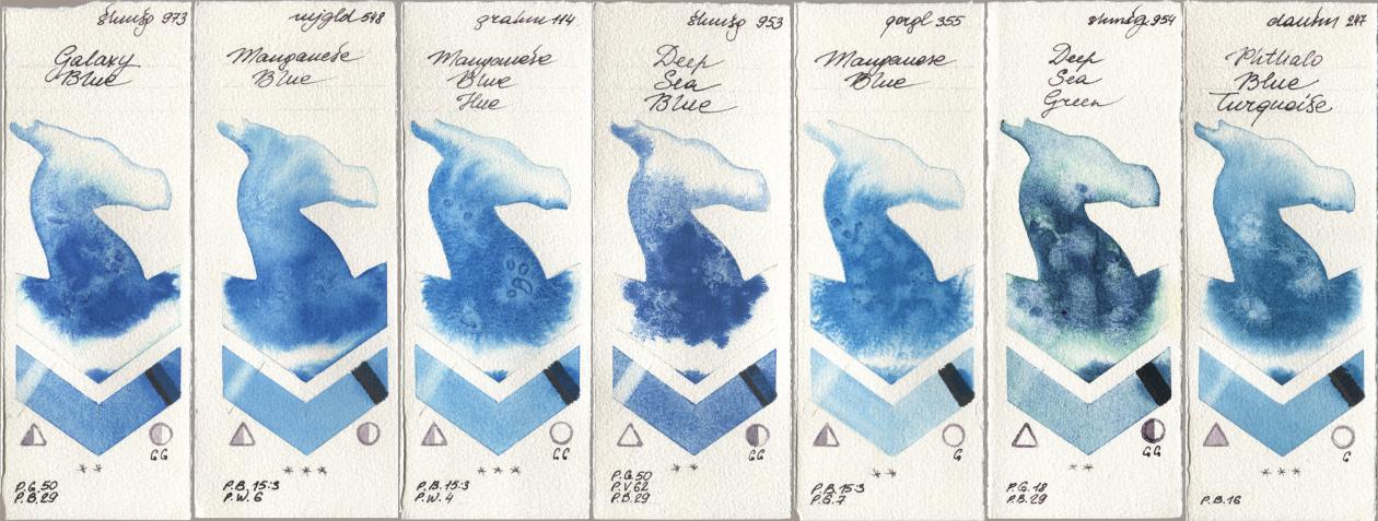 Shminke Horadam Aquarell 973 Galaxy Blue, Mijello Mission Gold 548 Manganese Blue, M. Graham & Co. Artists 114 Manganese Blue Hue, 953 Deep Sea Blue, Golden QOR 355 Manganese Blue, 954 Deep Sea Green, Daniel Smith 247 Phthalo Blue Turquoi watercolor swatch