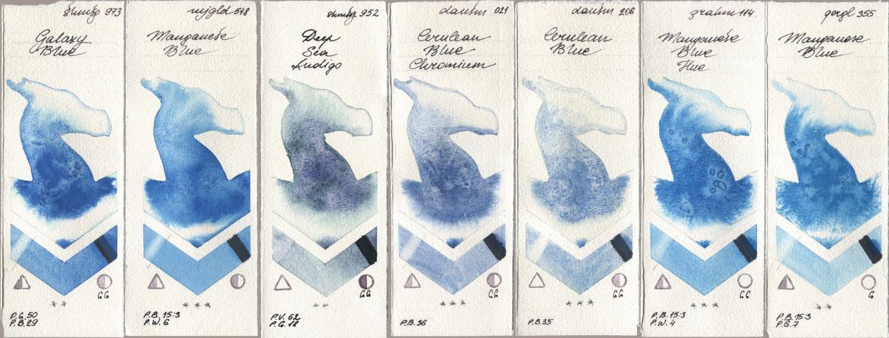 Shminke Horadam Aquarell 973 Galaxy Blue, Mijello Mission Gold 548 Manganese Blue, 952 Deep Sea Indigo, Daniel Smith 021 Cerulean Blue Chromium, 206 Cerulean Blue, M. Graham & Co. Artists 114 Manganese Blue Hue, Golden QOR 355 Manganese Bl watercolor swatch
