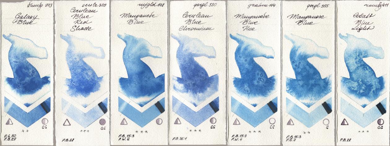Shminke Horadam Aquarell 973 Galaxy Blue, Sennelier l Aquarelle 305 Cerulean Blue Red Shade, Mijello Mission Gold 548 Manganese Blue, Golden QOR 330 Cerulean Blue, Chromium, M. Graham & Co. Artists 114 Manganese Blue Hue, 355 Manganese Blue, Roman Szmal Aquarius 411 Cobalt Blue Lig watercolor swatch