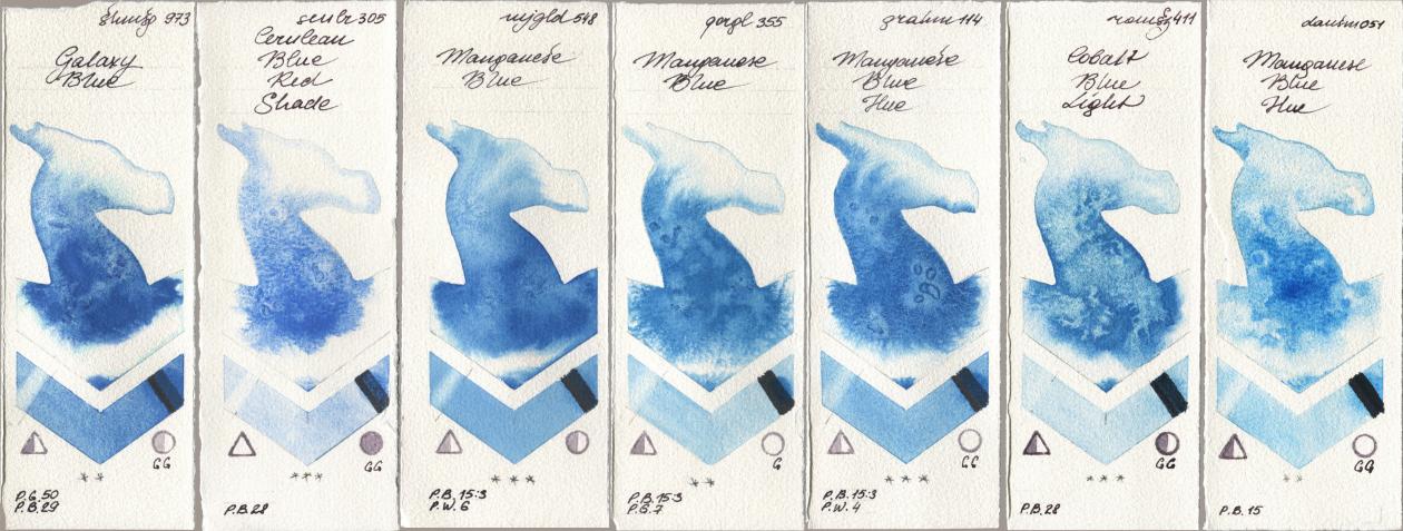 Shminke Horadam Aquarell 973 Galaxy Blue, Sennelier l Aquarelle 305 Cerulean Blue Red Shade, Mijello Mission Gold 548 Manganese Blue, Golden QOR 355 Manganese Blue, M. Graham & Co. Artists 114 Manganese Blue Hue, Roman Szmal Aquarius 411 Cobalt Blue Light, Daniel Smith 051 Manganese Blue H watercolor swatch
