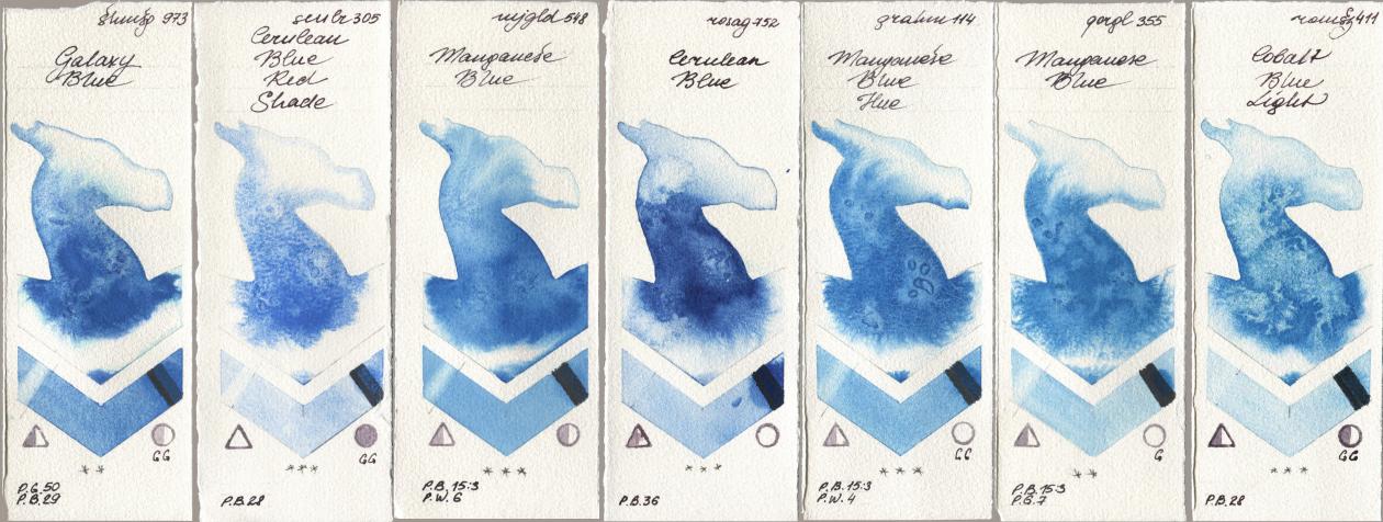 Shminke Horadam Aquarell 973 Galaxy Blue, Sennelier l Aquarelle 305 Cerulean Blue Red Shade, Mijello Mission Gold 548 Manganese Blue, Rosa Gallery 752 Cerulean Blue, M. Graham & Co. Artists 114 Manganese Blue Hue, Golden QOR 355 Manganese Blue, Roman Szmal Aquarius 411 Cobalt Blue Lig watercolor swatch