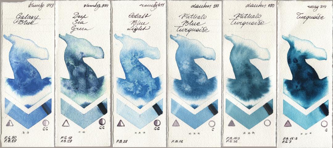 Shminke Horadam Aquarell 973 Galaxy Blue, 954 Deep Sea Green, Roman Szmal Aquarius 411 Cobalt Blue Light, Daniel Smith 247 Phthalo Blue Turquoise, 080 Phthalo Turquoise, Rosa Gallery 714 Turquoi watercolor swatch