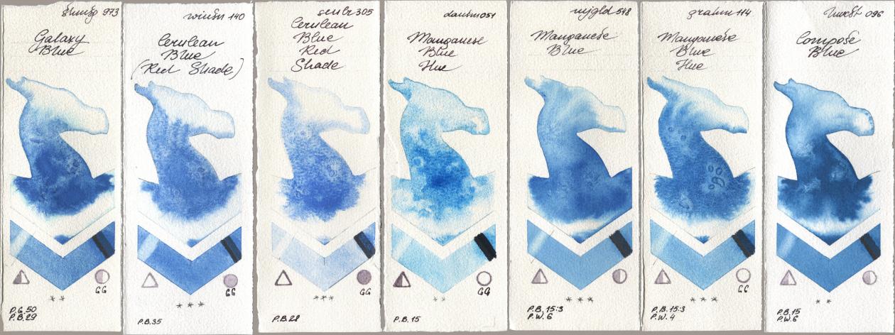 Shminke Horadam Aquarell 973 Galaxy Blue, Winsor & Newton Professional 140 Cerulean Blue (Red Shade), Sennelier l Aquarelle 305 Cerulean Blue Red Shade, Daniel Smith 051 Manganese Blue Hue, Mijello Mission Gold 548 Manganese Blue, M. Graham & Co. Artists 114 Manganese Blue Hue, Holbein Artists Watercolor 096 Compose Bl watercolor swatch