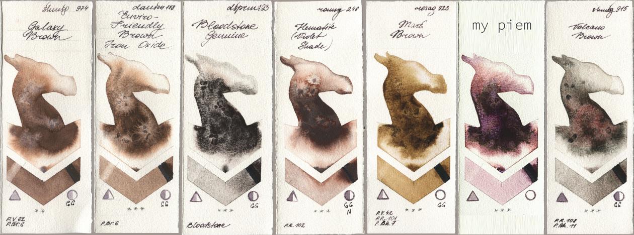 Shminke Horadam Aquarell 974 Galaxy Brown, Daniel Smith 178 Enviro-Friendly Brown Iron Oxide, 193 Bloodstone Genuine, Roman Szmal Aquarius 248 Hematite (Violet Shade), Rosa Gallery 723 Mars Brown, my 191 piem, 915 Volcano Bro watercolor swatch