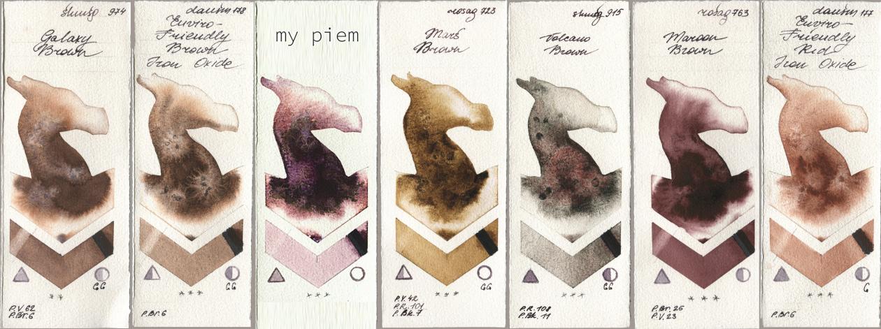 Shminke Horadam Aquarell 974 Galaxy Brown, Daniel Smith 178 Enviro-Friendly Brown Iron Oxide, my 191 piem, Rosa Gallery 723 Mars Brown, 915 Volcano Brown, 763 Maroon Brown, 177 Enviro-Friendly Red Iron Oxi watercolor swatch