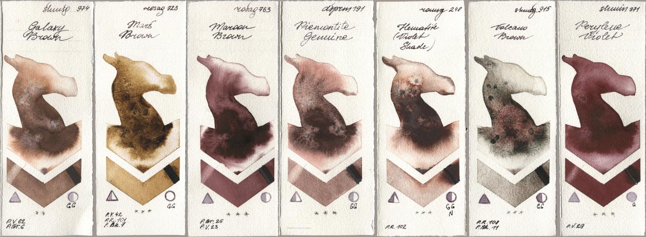 Shminke Horadam Aquarell 974 Galaxy Brown, Rosa Gallery 723 Mars Brown, 763 Maroon Brown, Daniel Smith 191 Piemontite Genuine, Roman Szmal Aquarius 248 Hematite (Violet Shade), 915 Volcano Brown, 371 Perylene Viol watercolor swatch