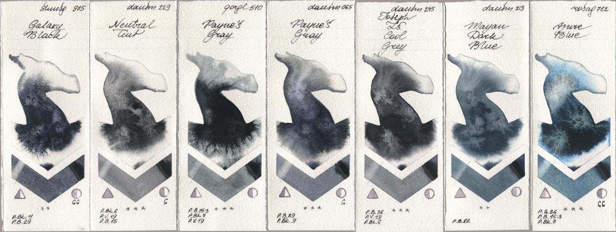 Shminke Horadam Aquarell 975 Galaxy Black, Daniel Smith 229 Neutral Tint, Golden QOR 510 Paynes Gray, 065 Paynes Gray, 245 Joseph Zs Cool Grey, 213 Mayan Dark Blue, Rosa Gallery 762 Azure Bl watercolor swatch