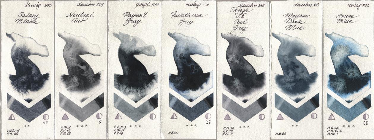 Shminke Horadam Aquarell 975 Galaxy Black, Daniel Smith 229 Neutral Tint, Golden QOR 510 Paynes Gray, Rosa Gallery 778 Indanthrene Grey, 245 Joseph Zs Cool Grey, 213 Mayan Dark Blue, 762 Azure Bl watercolor swatch