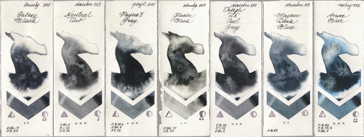 Shminke Horadam Aquarell 975 Galaxy Black, Daniel Smith 229 Neutral Tint, Golden QOR 510 Paynes Gray, 965 Glacier Black, 245 Joseph Zs Cool Grey, 213 Mayan Dark Blue, Rosa Gallery 762 Azure Bl watercolor swatch